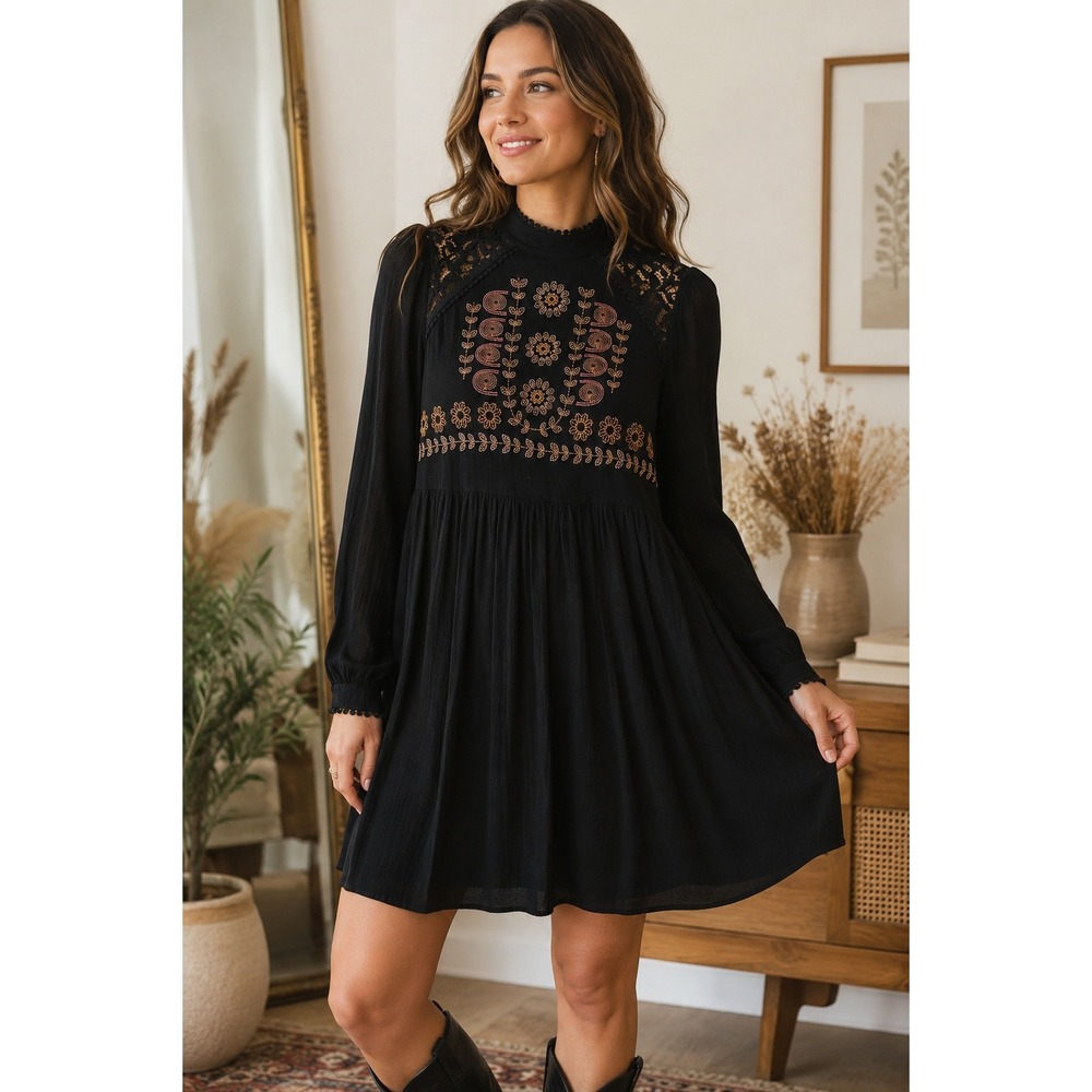 Xhilaration Black Embroidered Lace Mock Neck Long Sleeve Mini Dress Medium